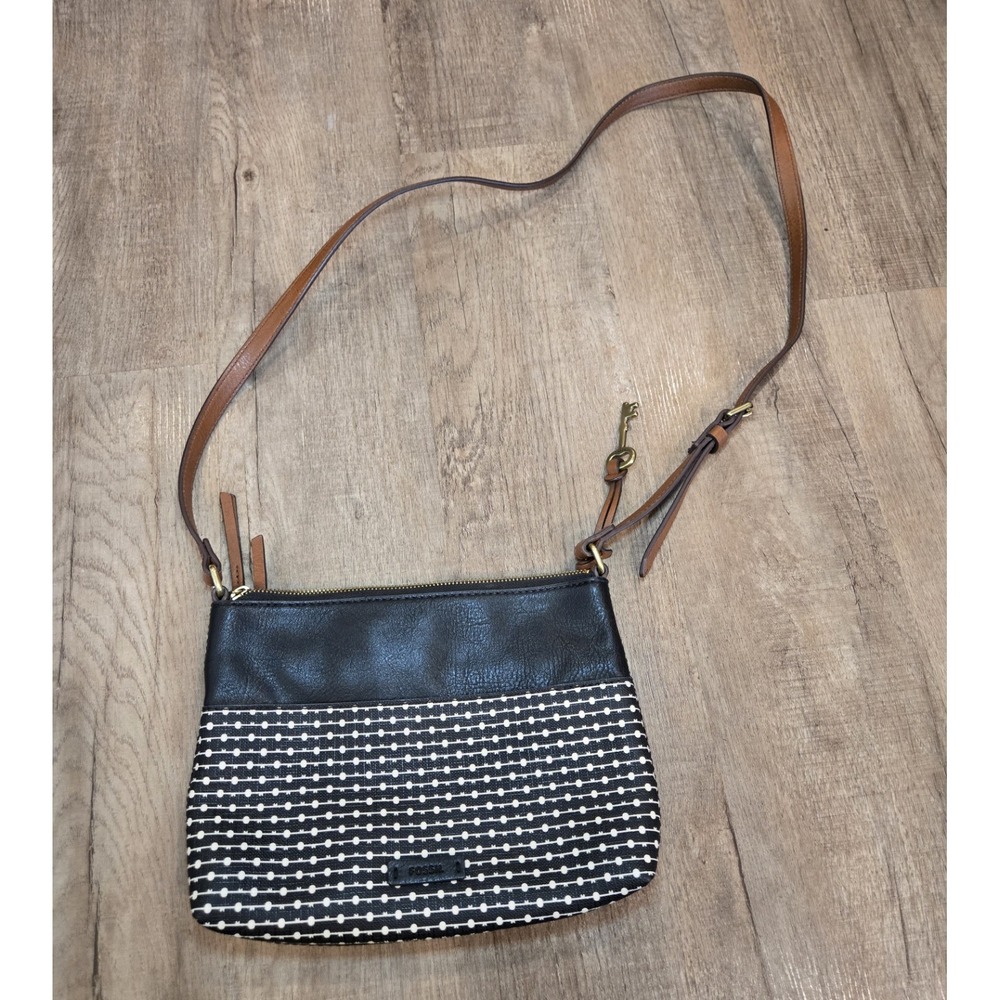 Fossil Fiona Crossbody Bag Purse Black White Dots Brown Strap Zip